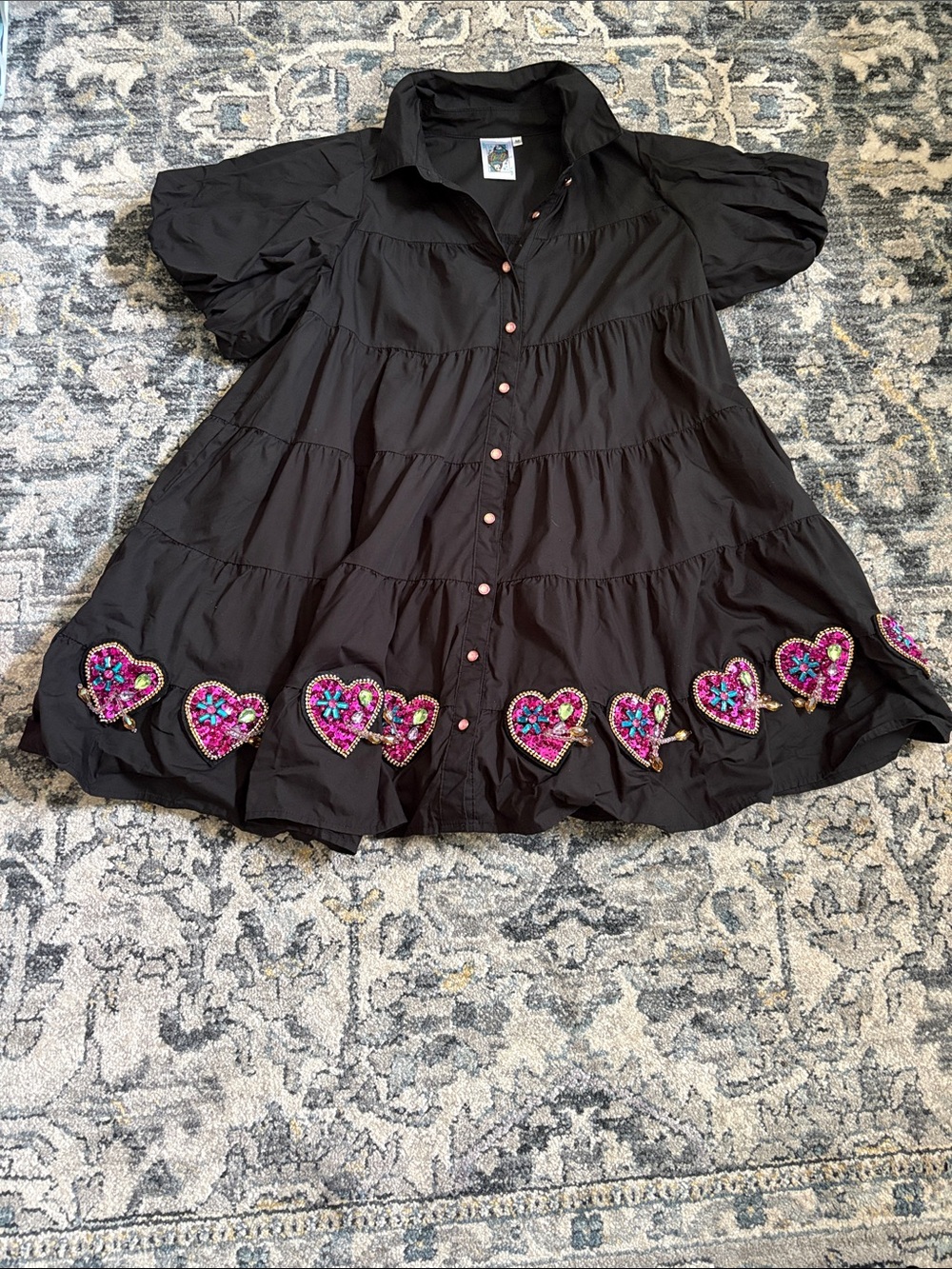 QUEEN OF SPARKLES Black Button-Front Tunic Dress with Pink Heart Embellishments
